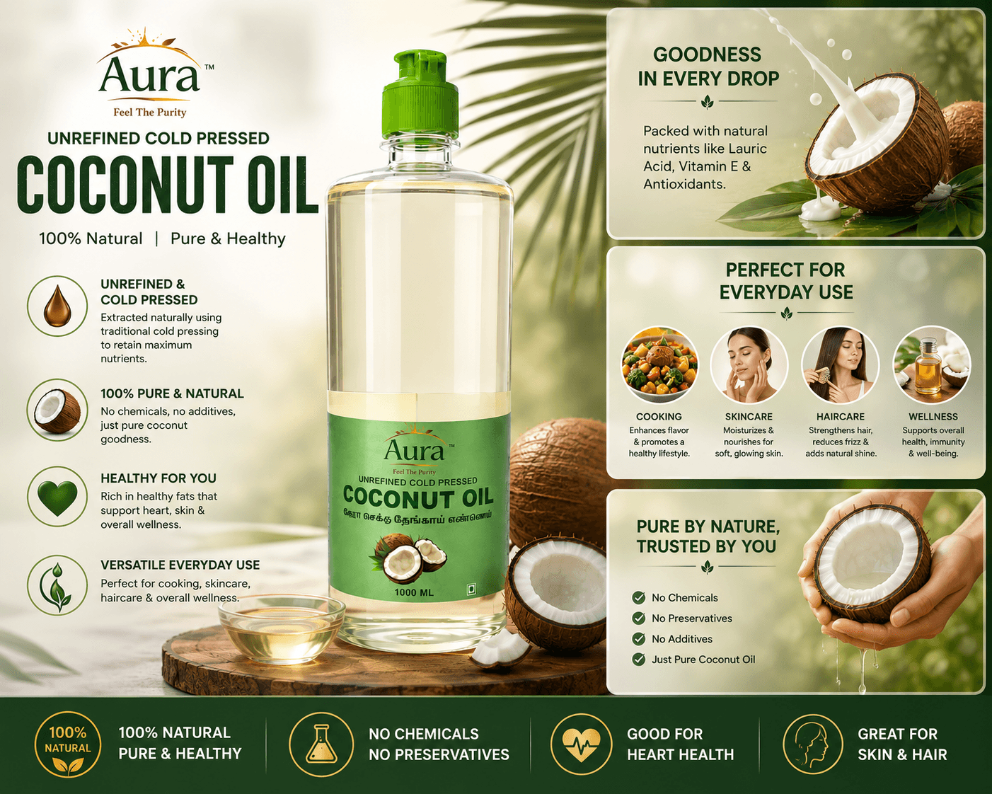Aura coconut oil key benefits: unrefined, 100% pure, healthy, versatile everyday use