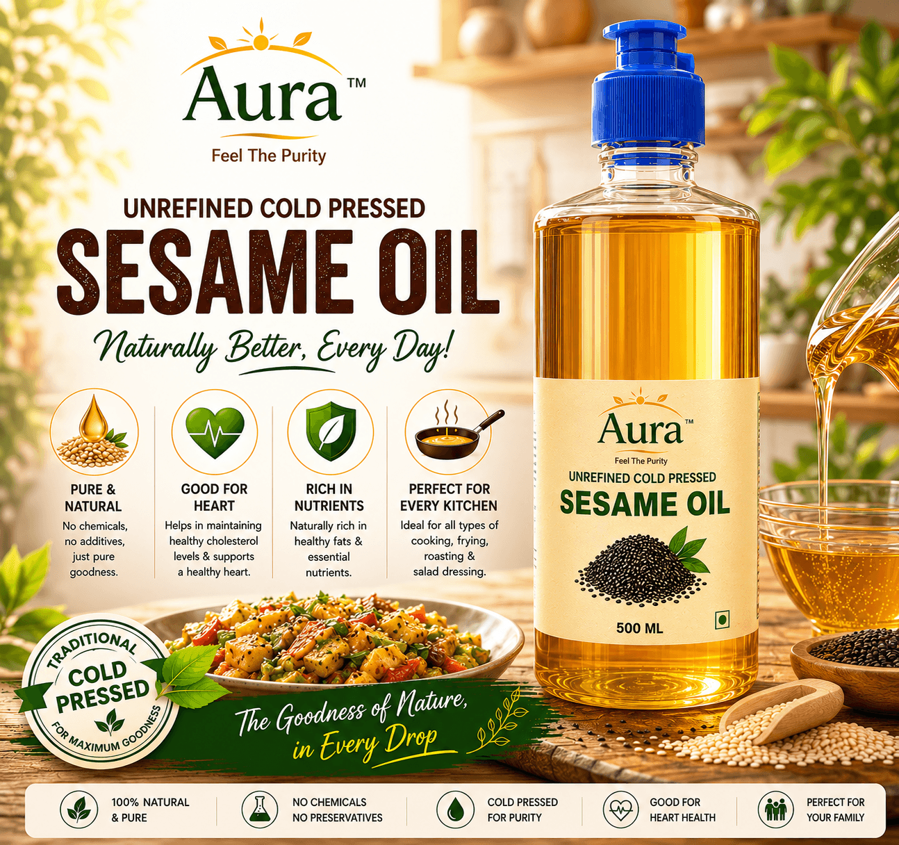 Aura cold-pressed sesame oil — naturally better every day, rich in nutrients, heart healthy