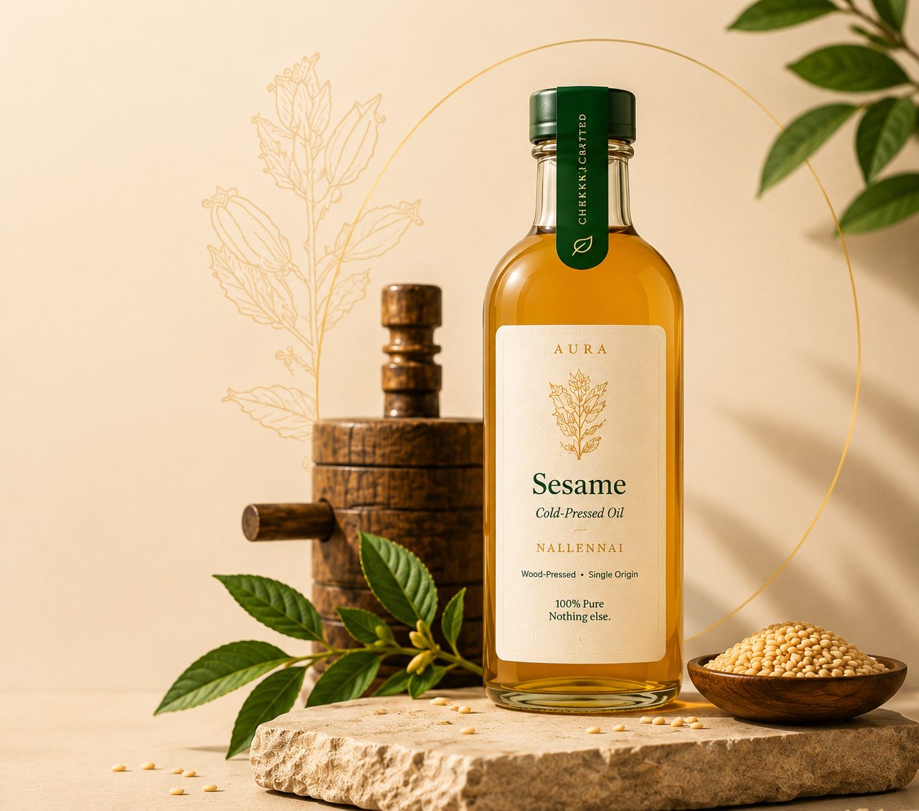Aura cold-pressed sesame oil — bottle, wooden press, leaves and sesame seeds
