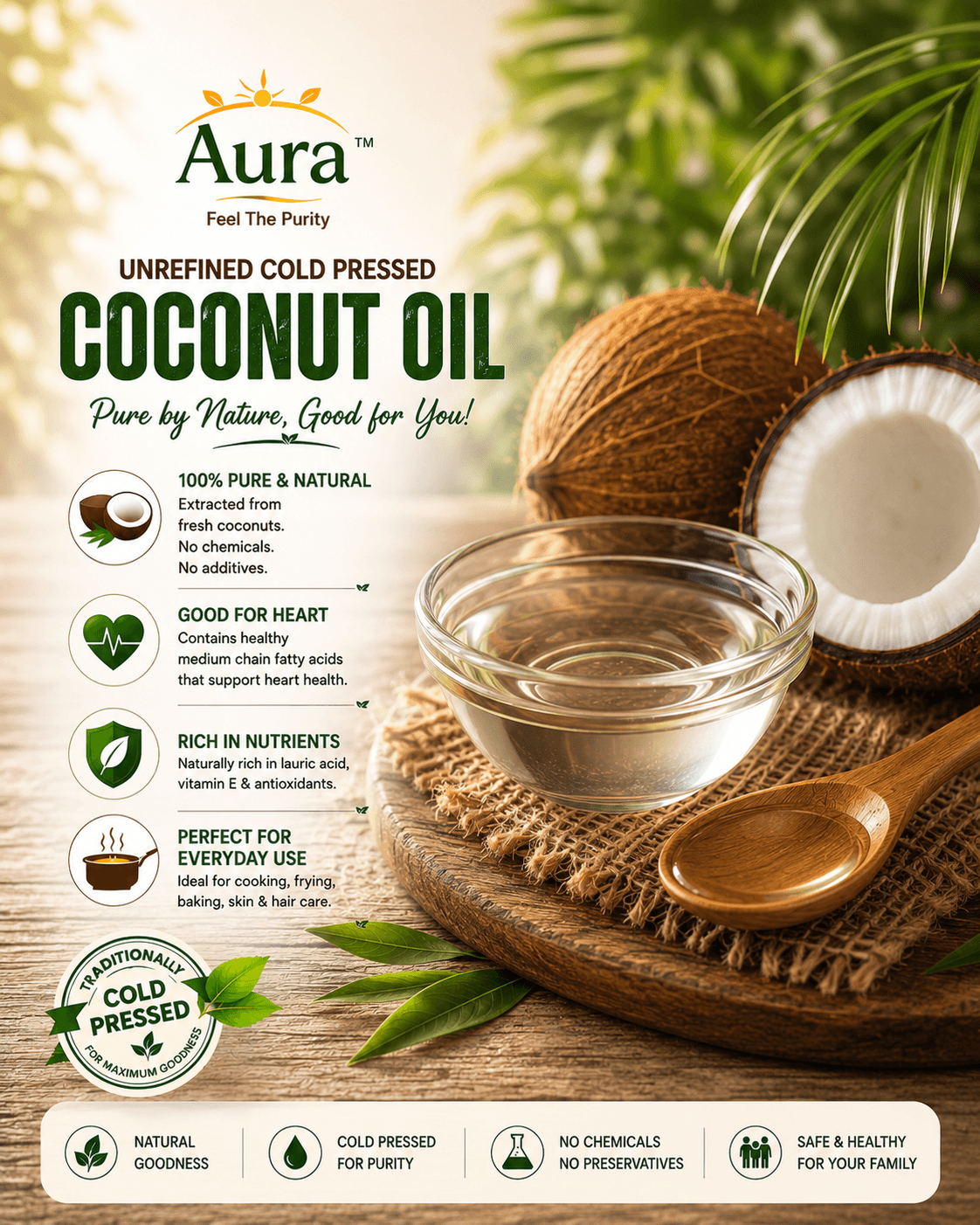 Aura Cold-Pressed Coconut Oil — 100% Pure, supports heart health, rich in lauric acid, perfect for everyday use