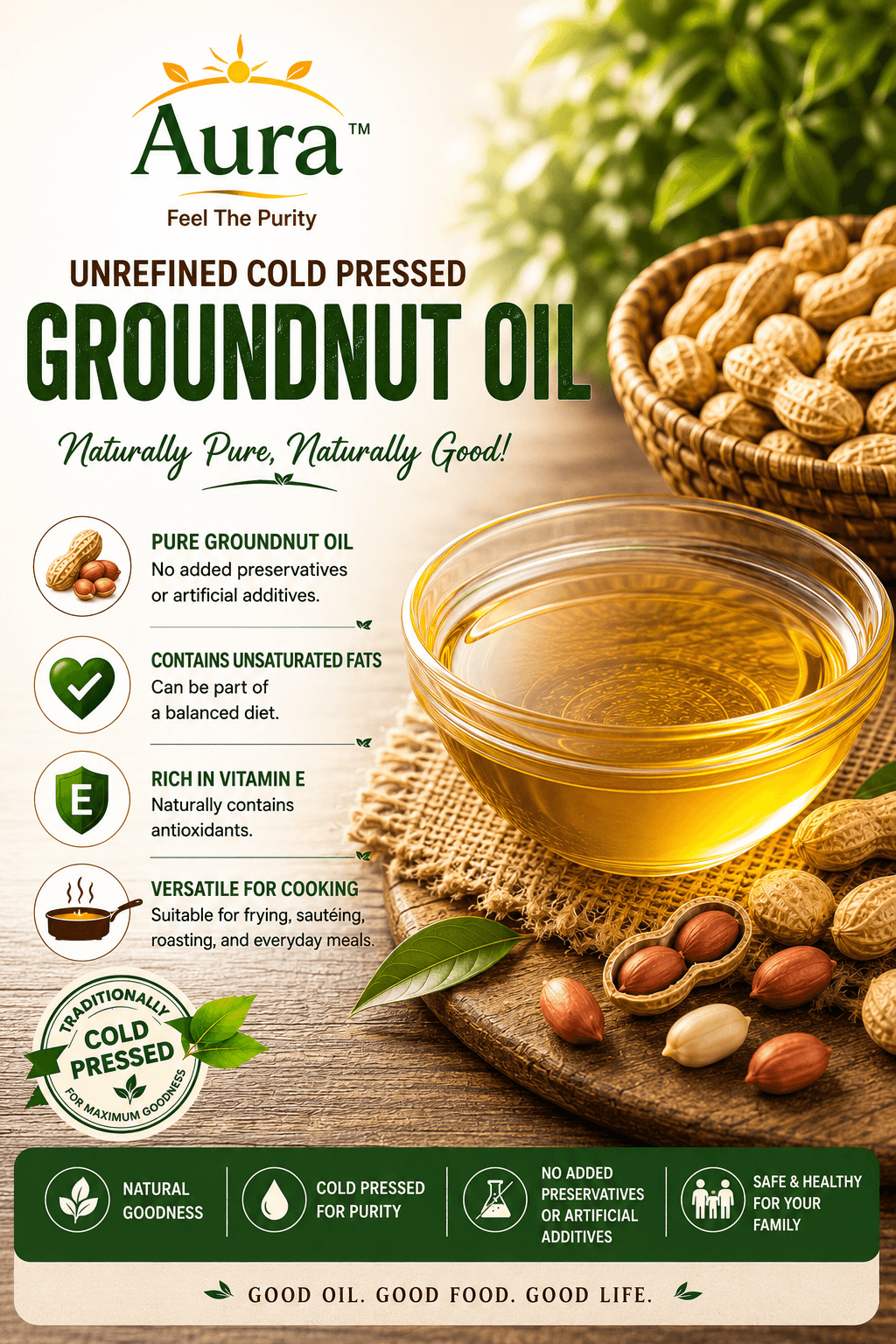 Aura Cold-Pressed Groundnut Oil — Pure Groundnut Oil, unsaturated fats, Rich in Vitamin E, versatile for cooking