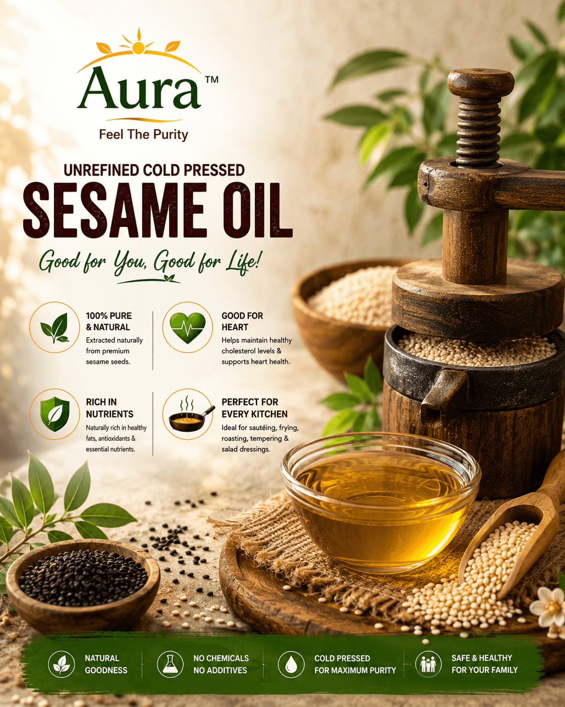 Aura Cold-Pressed Sesame Oil — 100% Pure, Good for Heart, Rich in Nutrients, Perfect for Every Kitchen